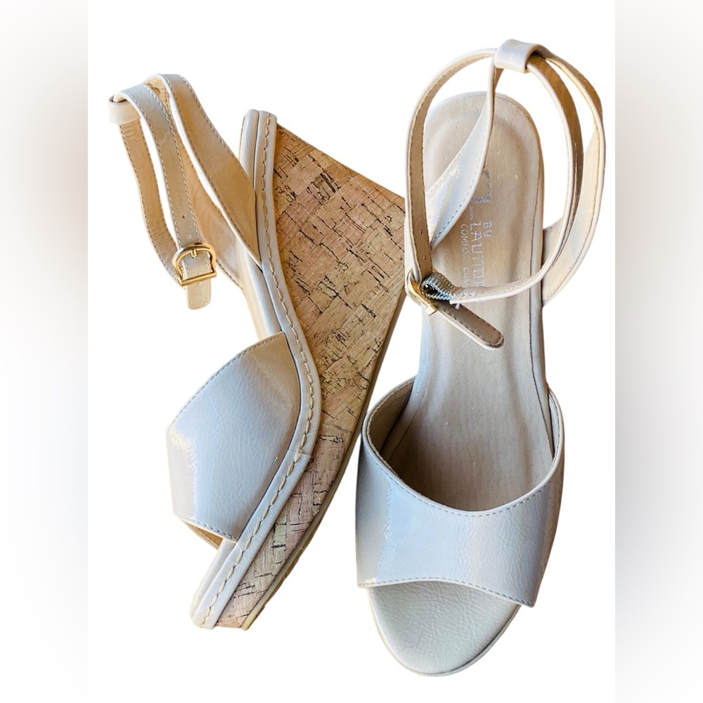 CL by Laundry Nude Patent Cork Wedge Sandals Women’s Size 7.5” Ankle Strap